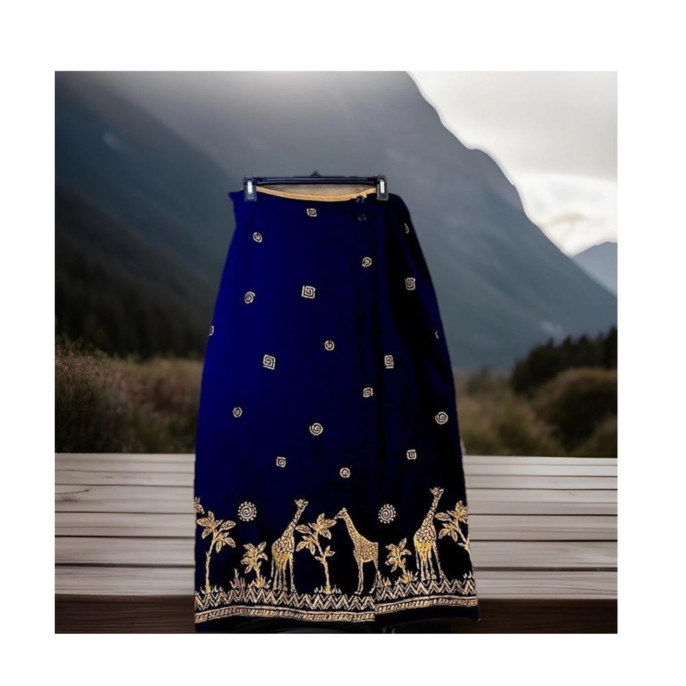 Vtg Navy & Gold Safari Giraffe pattern women Sz L maxi‎ wrap skirt made in USA